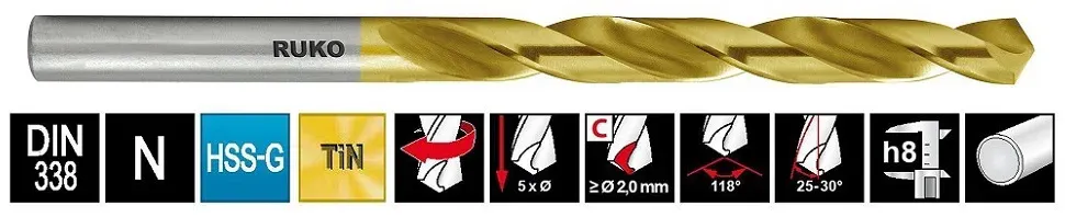 Сверло спиральное по металлу DIN 338 тип N HSS-G TiN 118° Terrax by Ruko - фото