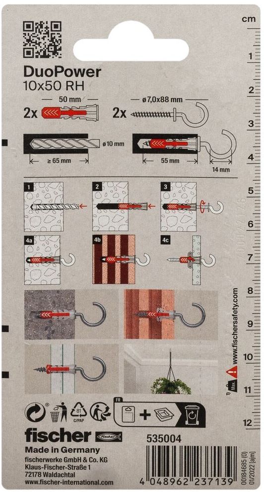 Дюбель 10х50 с круглым крюком RH Fischer DUOPOWER K NV 535004, нейлон, 2 штуки в блистере - фото