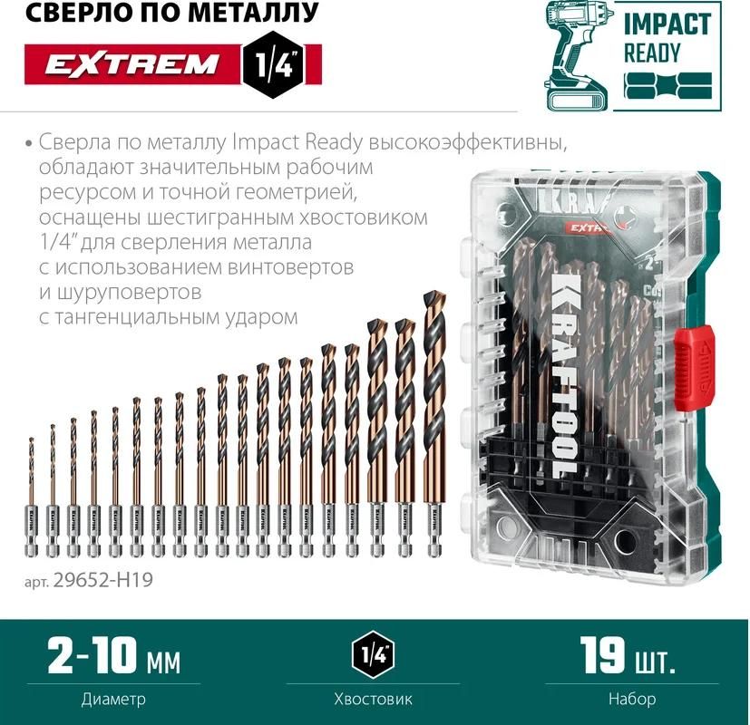 Набор сверл по металлу для винтовёртов 2-10 мм НЕХ-1/4 Impact Ready Kraftool 29652-H19, 19 шт - фото