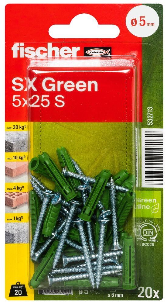 Дюбель SX Green 5x25 Fischer 532713 с кромкой и потайным шурупом, зелёный нейлон, 20 шт  в блистере - фото