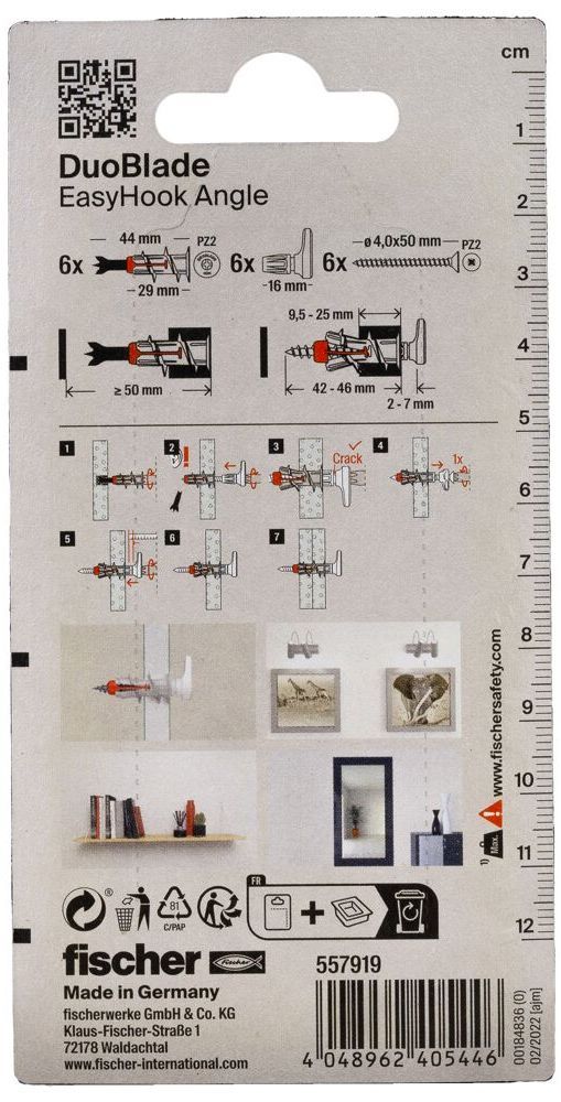 Дюбель для гипсокартона Fischer DuoBlade 557919, с винтом и угловым крюком EasyHook Angle, 6 шт в блистере - фото