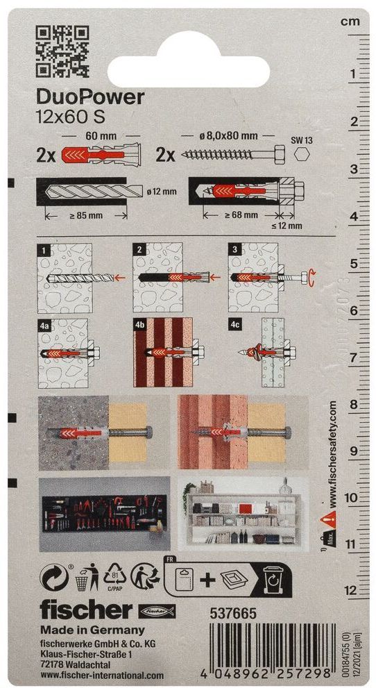 Дюбель 12x60 с винтом S Fischer DUOPOWER K NV 537665, нейлон, 2 штуки в блистере - фото