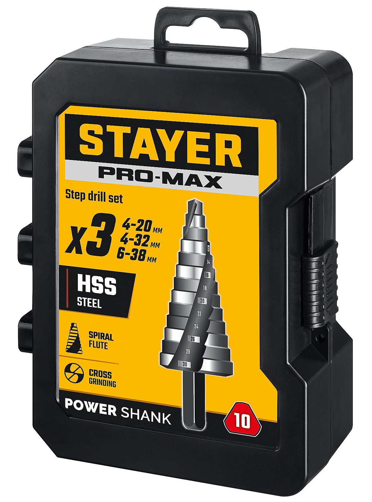 Набор ступенчатых сверл 4-38 мм с трёхопорным хвостовиком Pro-Max Stayer 29661-4-38-H3, 3 шт - фото