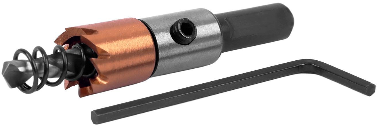 Коронка по металлу с центрирующим сверлом и толкающей пружиной, ц/х Messer, HSS-TiN - фото