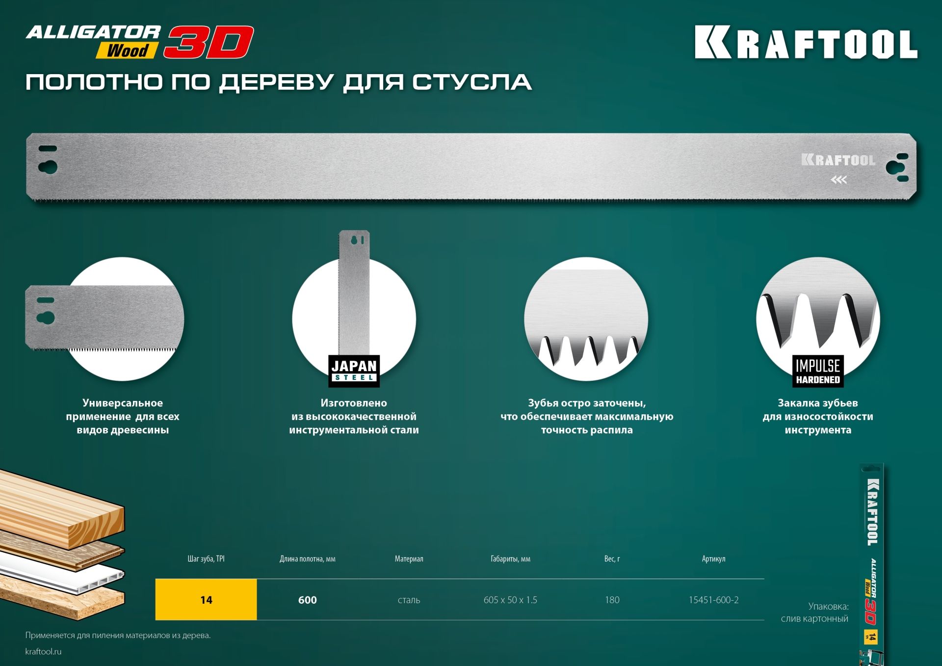 Полотно по дереву 600 мм для прецизионного стусла Kraftool Alligator 3D 15451-600-2 - фото