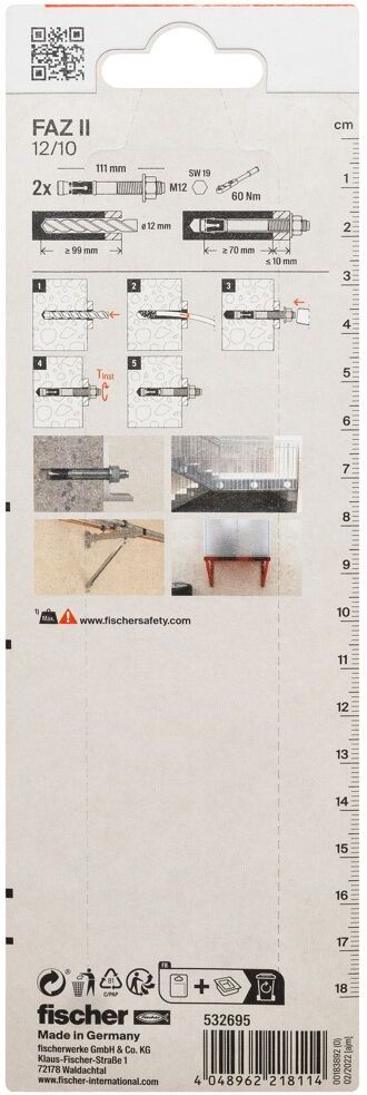 Анкерный болт для высоких нагрузок FAZ II 12/10 K NV Fischer 532695, оцинкованная сталь, 2 штуки в блистере - фото