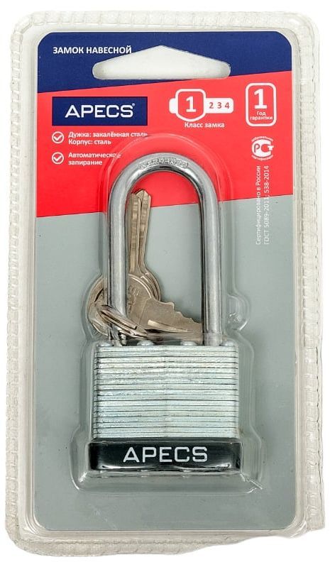 Замок навесной с удлиненной дужкой APECS PDS-65-40-L, сталь - фото