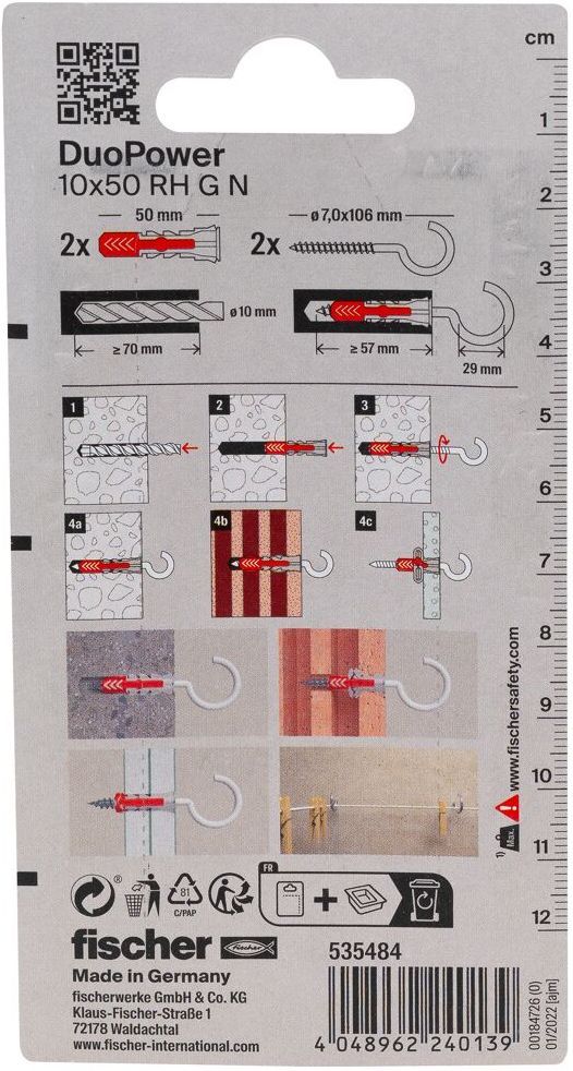 Дюбель 10х50 с круглым крючком с нейлоновым покрытием RH G Fischer DUOPOWER N K NV 535484, нейлон, 2 штуки в блистере - фото