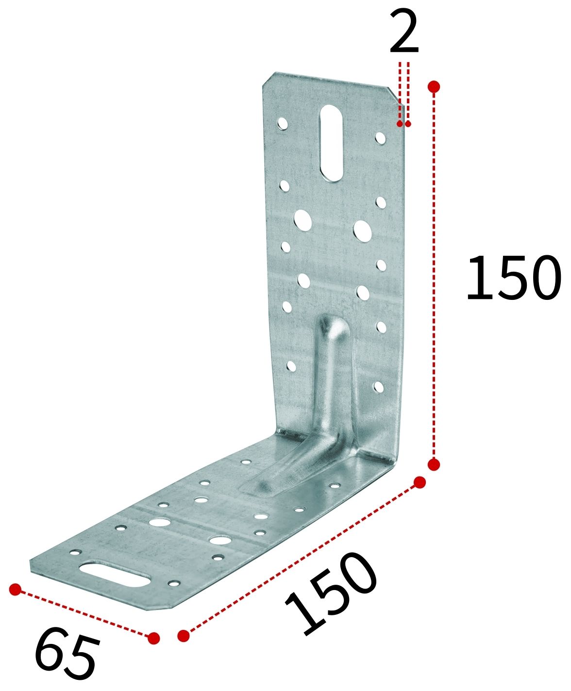 Уголок крепежный усиленный 150х65х2 мм KUU, оцинкованная сталь - фото