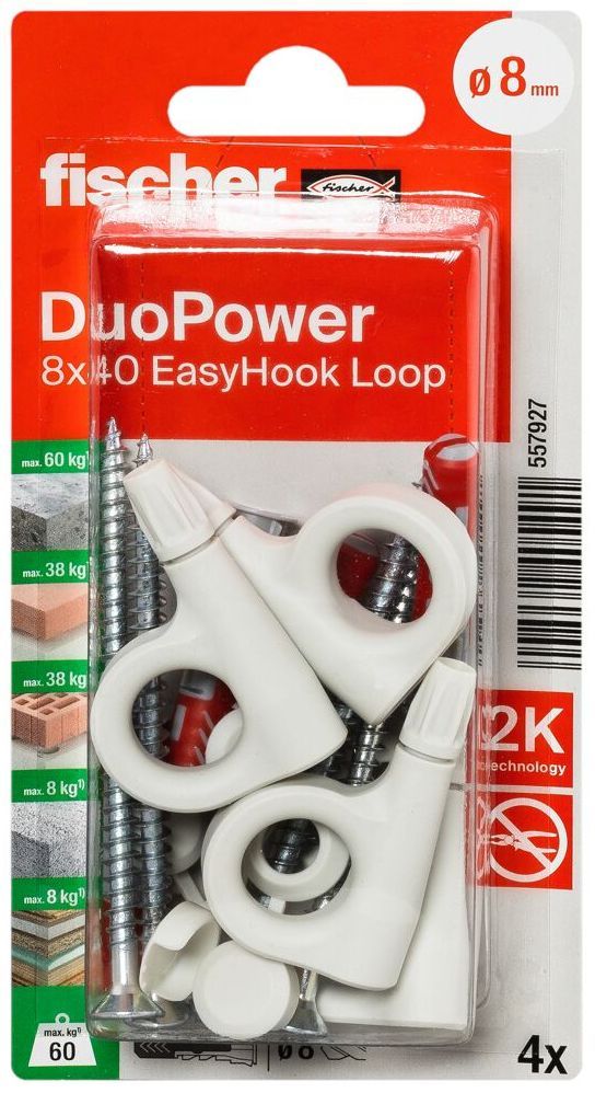 Дюбель 8х40 с винтом и проушиной EasyHook Fischer DUOPOWER 557927, нейлон, 4 шт в блистере - фото