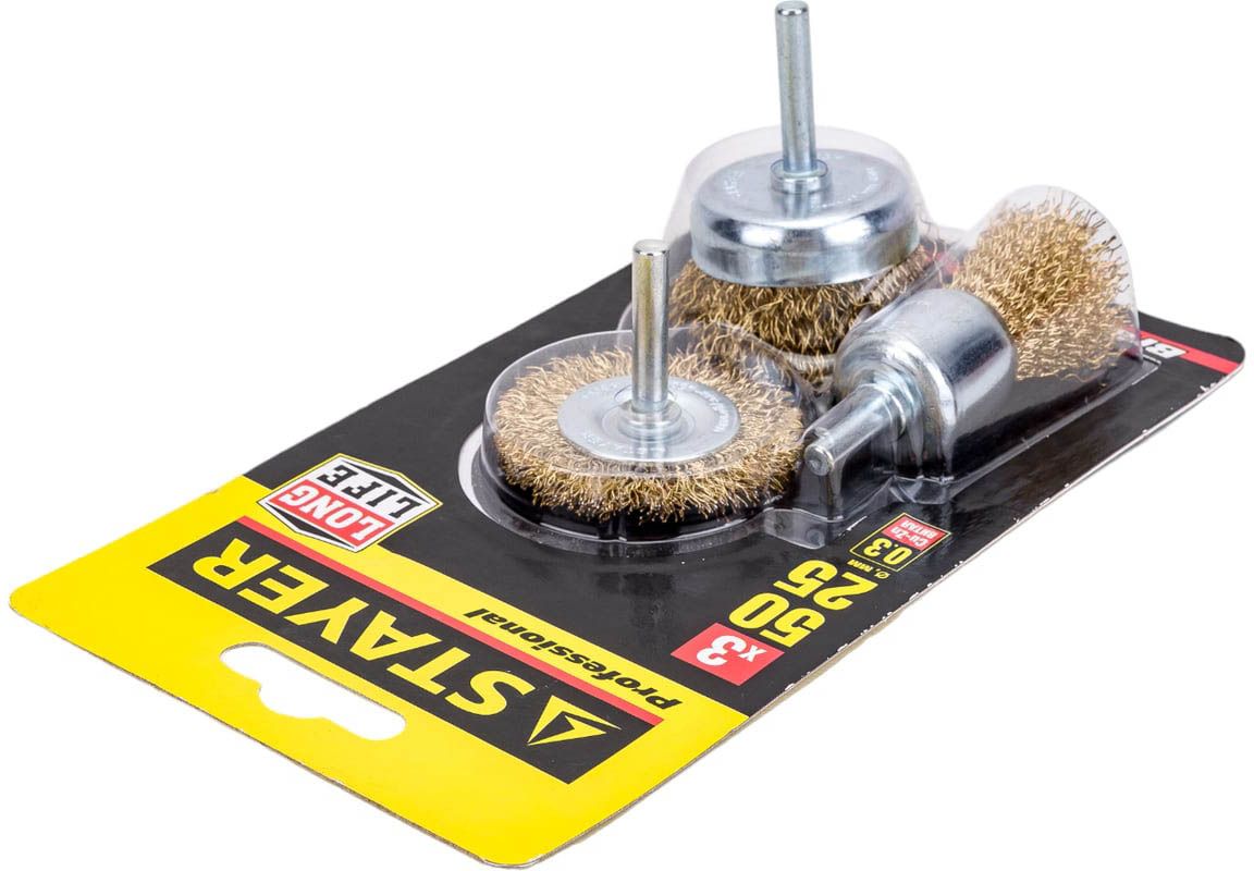 Набор щеток-крацовок витая латунированная проволока для дрели Professional Stayer 35152-H3, 3 шт - фото