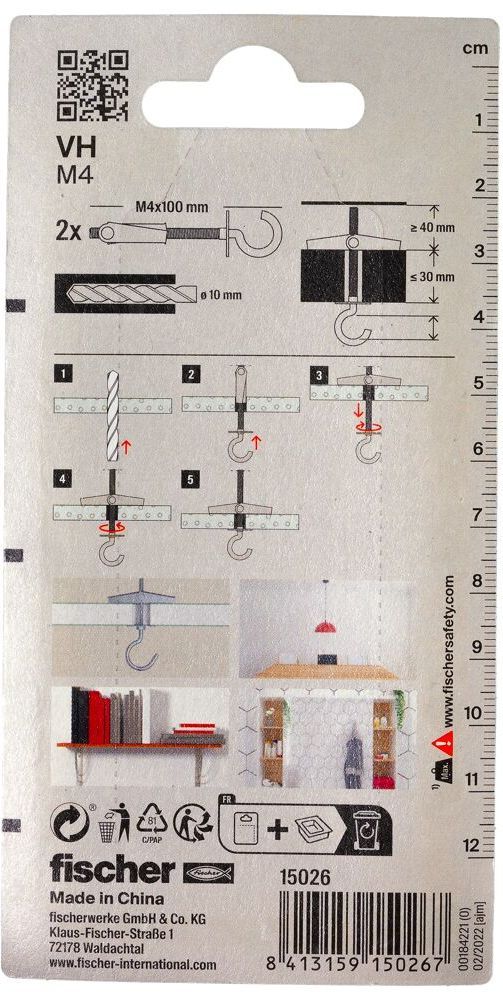 Дюбель самоустанавливающийся для листовых материалов VH M4 Fischer 015026, с круглым крюком, оцинкованная сталь, 2 шт в блистере - фото