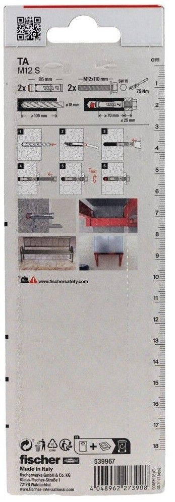 Анкер для высоких нагрузок TA М12 S/25 Fischer 539967, оцинкованная сталь, 2 штуки в блистере - фото