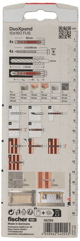 Дюбель фасадный DUOXpand 10x160 FUS Fischer 562194 с шестигранным шурупом, оцинкованная сталь, 4 шт в блистере - фото