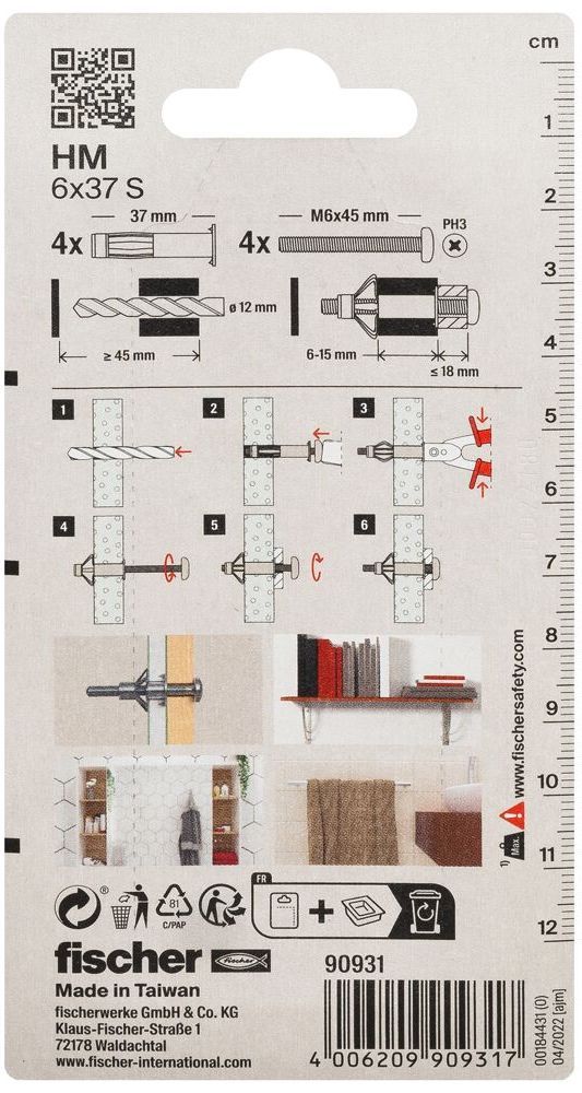 Анкер для пустотелых материалов HM S 6х37 Fischer 090931, оцинкованная сталь, 4 шт в блистере - фото