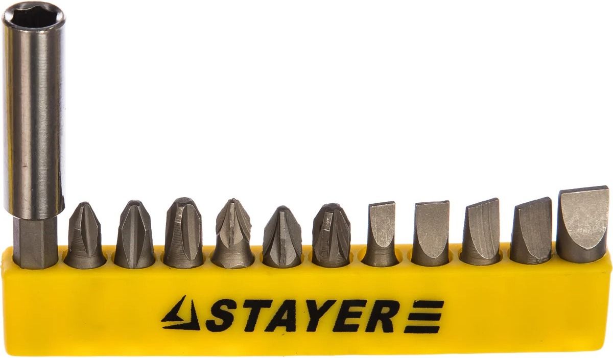 Набор бит 25 мм с магнитным адаптером Stayer Master 2609-H12-z01, сталь Cr-V, 12 предметов в держателе - фото