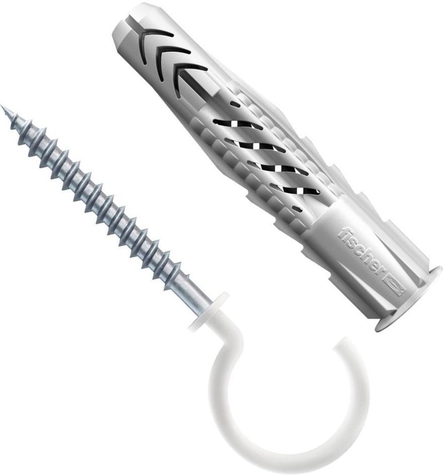 Дюбель UX 8х50 R с кромкой и саморезом с белым крюком RH N K NV Fischer 94627, нейлон, 2 шт в блистере - фото