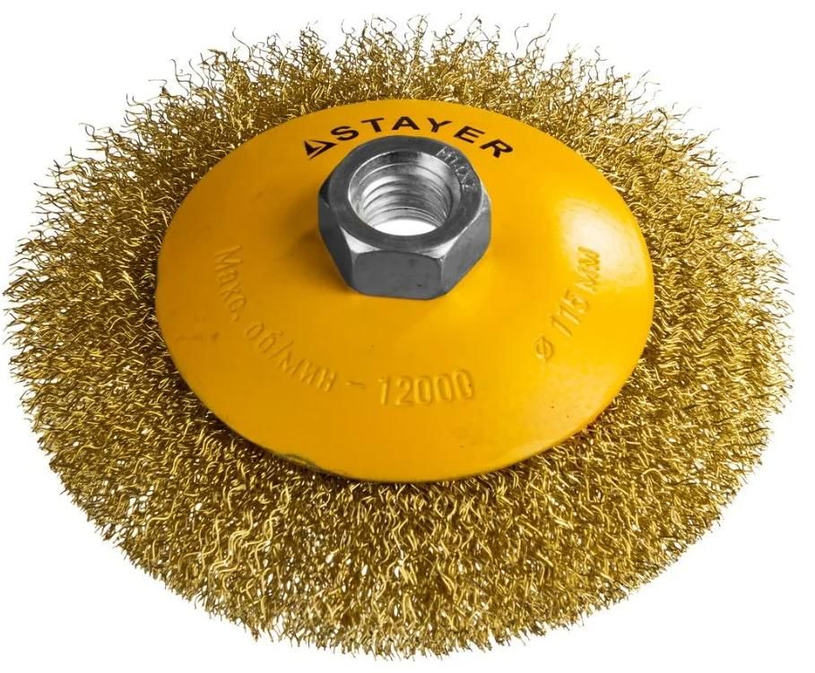 Щетка-крацовка коническая для УШМ 115 мм, витая стальная латунированная проволока 0,3 мм Stayer Prof 35133-115 - фото