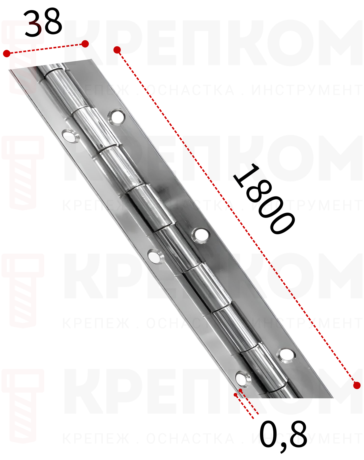 Петля рояльная 1800х38х0,8 мм L44C-3, нержавеющая сталь А2 - фото