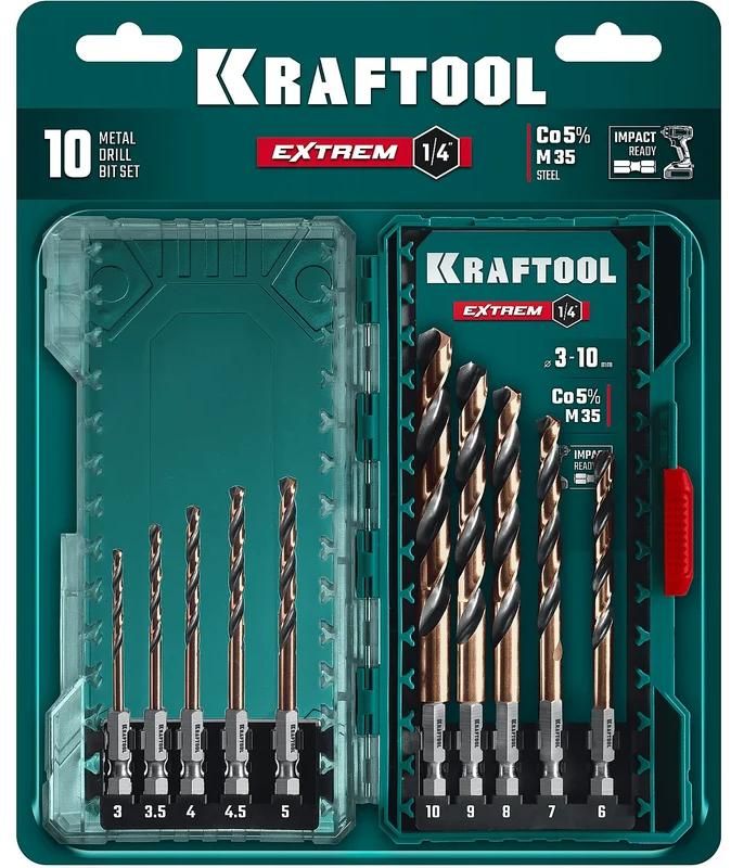 Набор сверл по металлу для винтовёртов 3-10 мм НЕХ-1/4 Impact Ready Kraftool 29652-H10, 10 шт  - фото