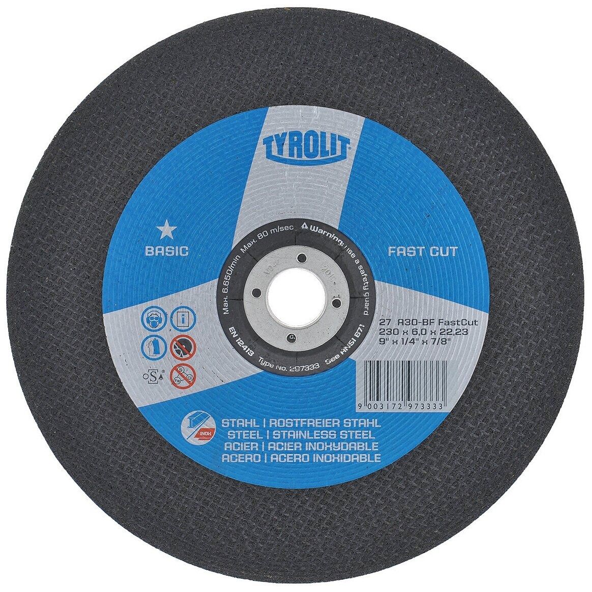 Изображение товара Шлифовальный диск по металлу и нержавеющей стали Tyrolit 230 мм 6 мм А30-BF
