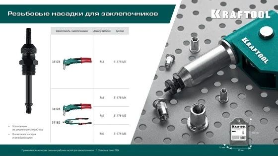 Установочный комплект М3 для резьбовых заклёпок к заклепочнику Combo3-M6 Kraftool 31178-M3, Cr-Mo - фото