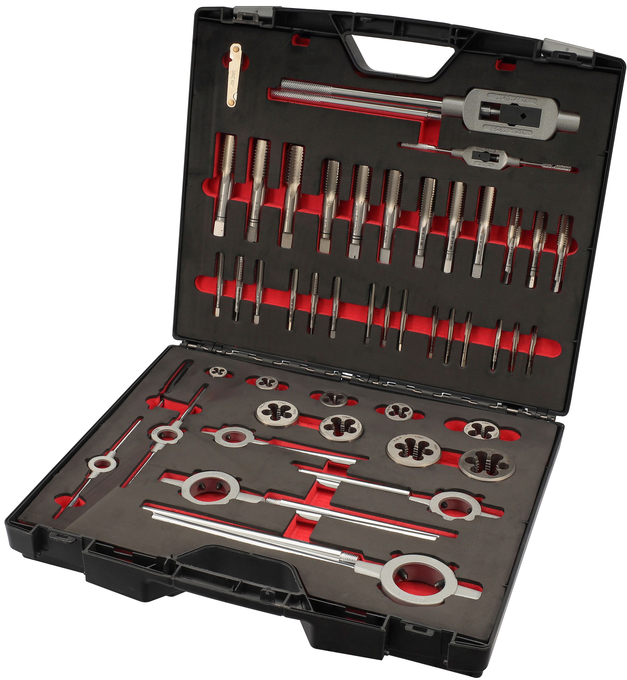 Набор метчиков и плашек UNC 1/4"-1" HSS-G H-Tools 245072HT, дюймовая резьба, 46 предметов - фото