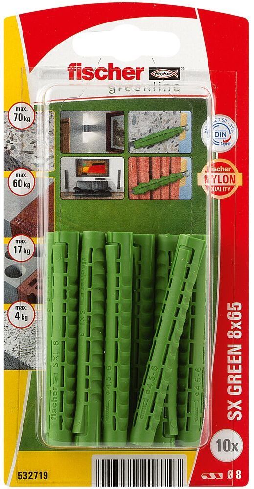 Дюбель SX Green 8х65 Fischer 532719 c увеличенной глубиной анкеровки, зелёный нейлон, 10 шт  в блистере - фото