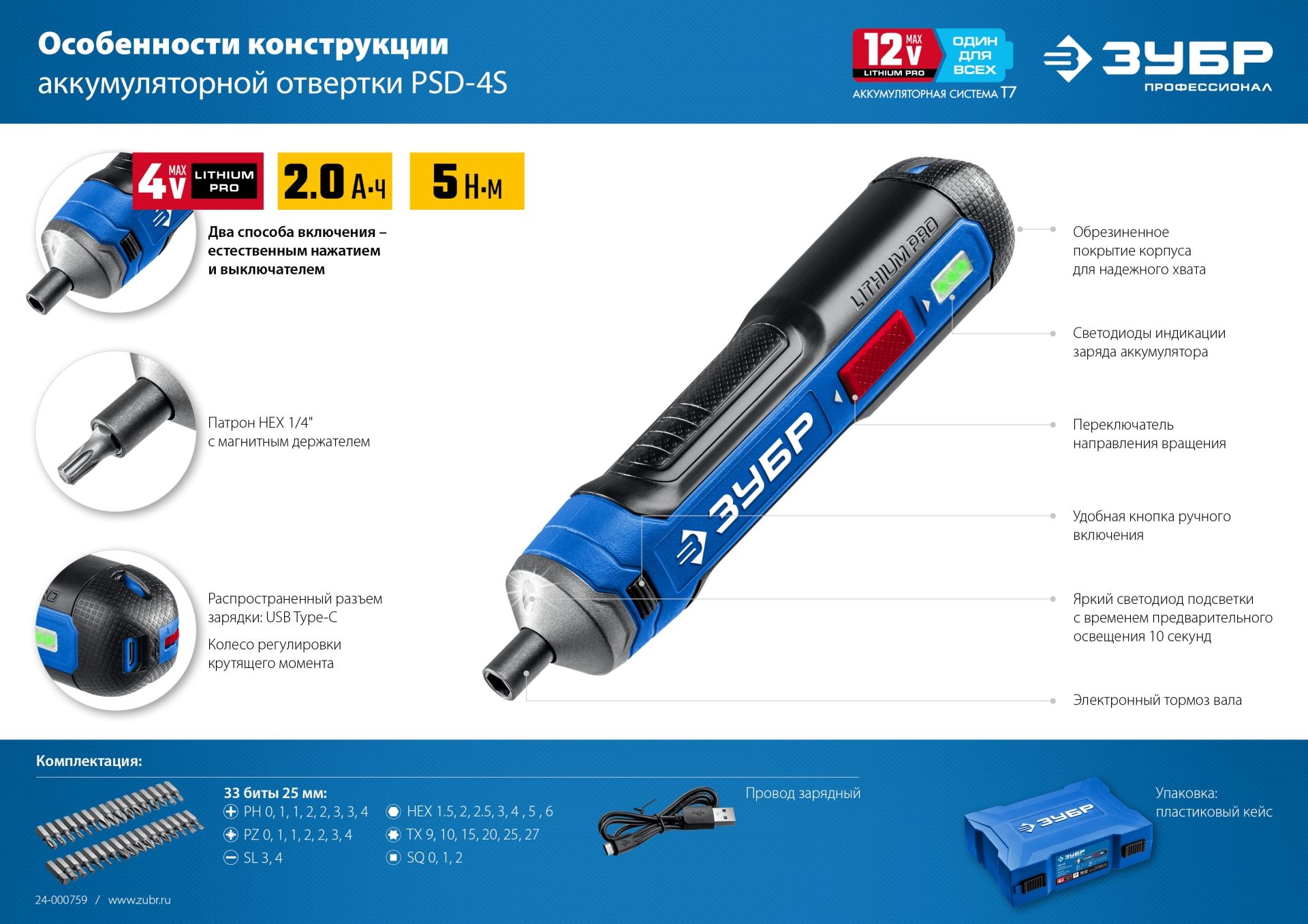 Отвертка аккумуляторная с набором бит в кейсе ЗУБР Профессионал Go 4 Vmax PSD-4S, 33 биты - фото