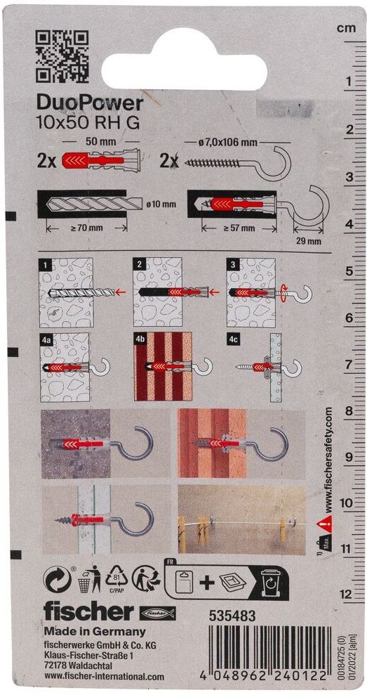Дюбель 10х50 с круглым крючком RH G Fischer DUOPOWER K NV 535483, нейлон, 2 штуки в блистере - фото