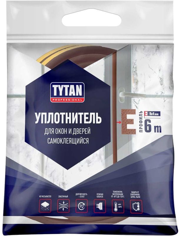 Уплотнитель самоклеящийся для окон и дверей 9х4 мм, 6 м E-профиль TYTAN Professional  - фото