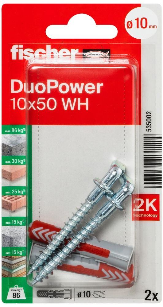 Дюбель 10x50 с угловым крюком WH Fischer DUOPOWER K NV 535002, нейлон, 2 штуки в блистере - фото