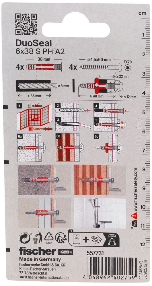 Дюбель герметичный влагостойкий с шурупом DuoSeal 6x38 S PH TX A2 Fischer 557731, нейлон, 4 шт в блистере - фото