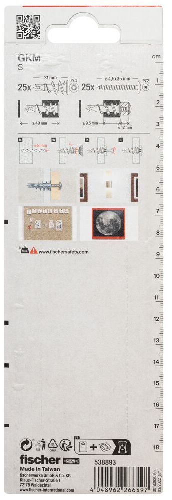 Дюбель металлический самонарезающий для гипсокартона 31 мм GKM S BP Fischer 538893 c полукруглым шурупом, 25 шт в блистере - фото