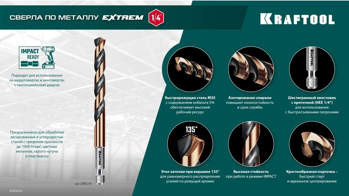 Набор сверл по металлу для винтовёртов 3-10 мм НЕХ-1/4 Impact Ready Kraftool 29652-H10, 10 шт  - фото