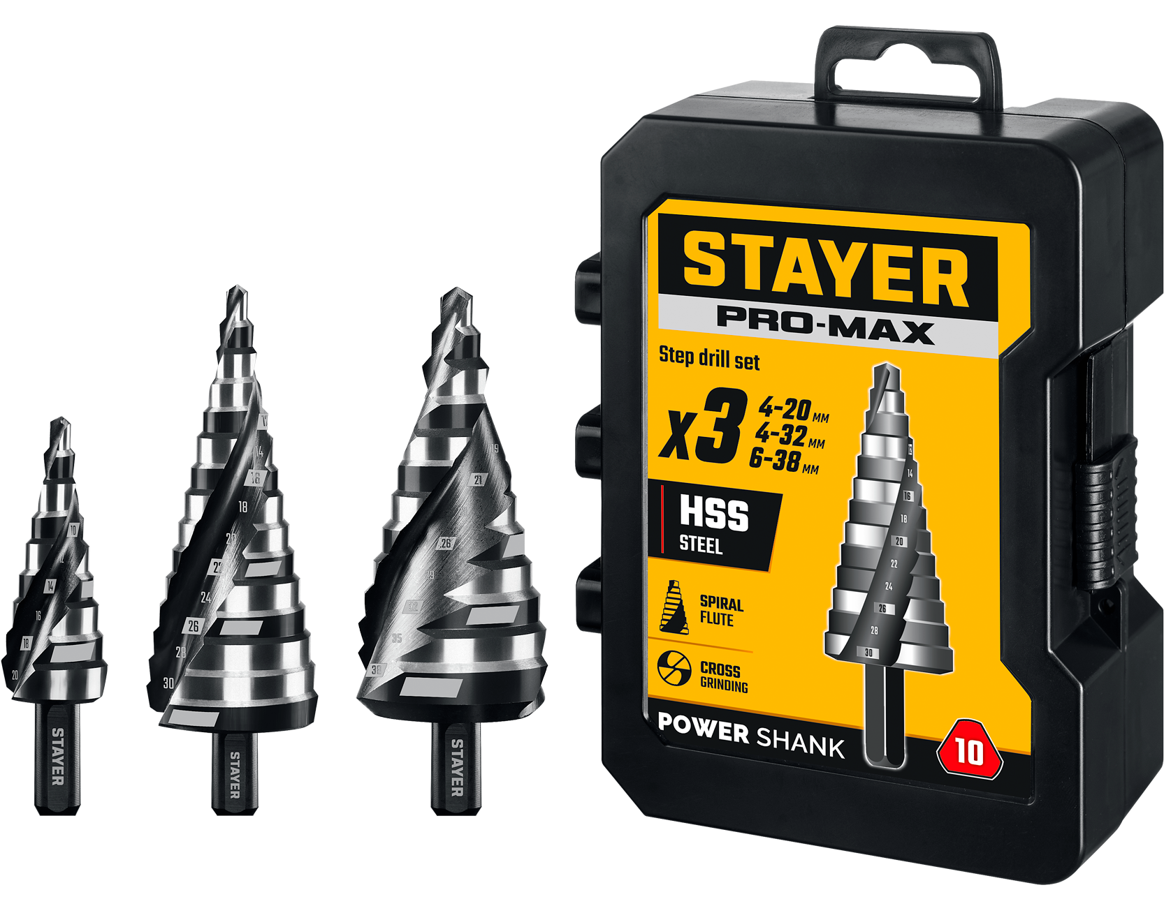 Набор ступенчатых сверл 4-38 мм с трёхопорным хвостовиком Pro-Max Stayer 29661-4-38-H3, 3 шт - фото