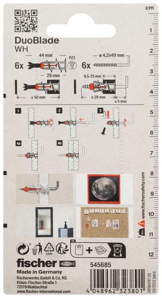 Дюбель для гипсокартона Fischer DUOBLADE WH 545685, с угловым крюком, 6 шт в блистере - фото