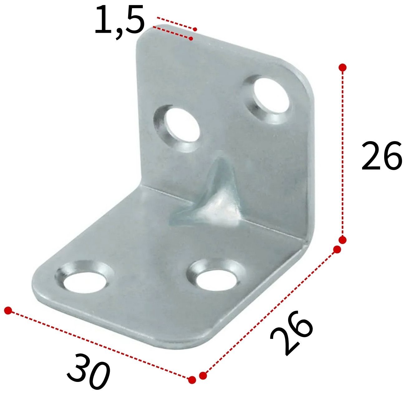 Уголок крепежный мебельный усиленный 26х26х30х1,5 мм, оцинкованная сталь - фото