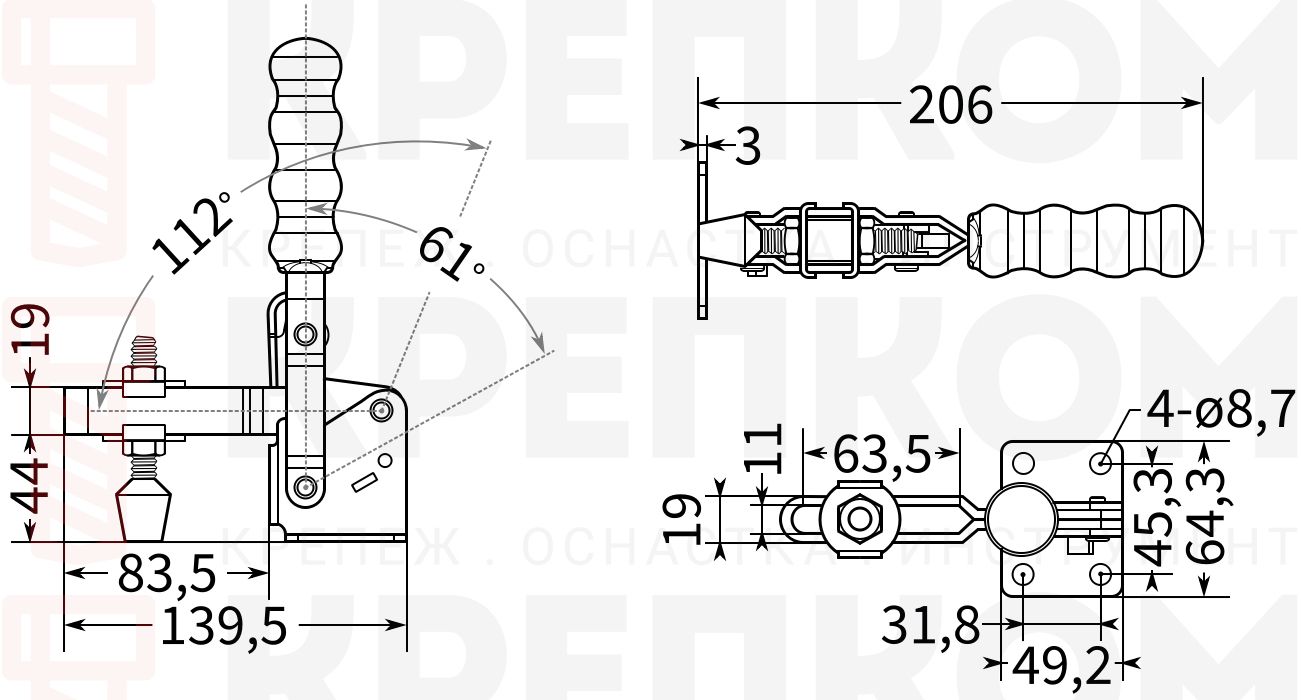 Прижим рычажный вертикальный L=140 мм, нагрузка 340 кг, HD-12265, оцинкованный - фото