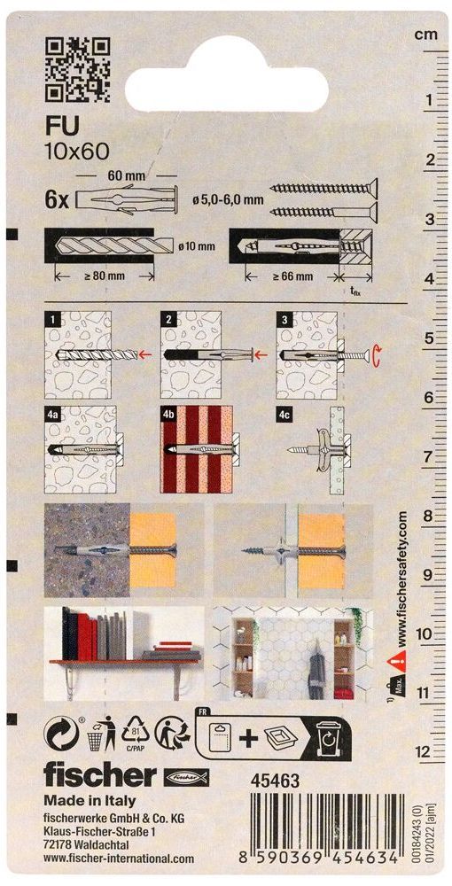 Универсальный дюбель FU 10x60 Fischer 045463, нейлон, 6 шт в блистере - фото