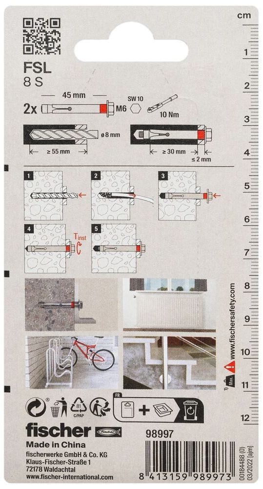Анкер втулочный FSL 8 SK Fischer 098997, оцинкованная сталь, 2 шт в блистере - фото