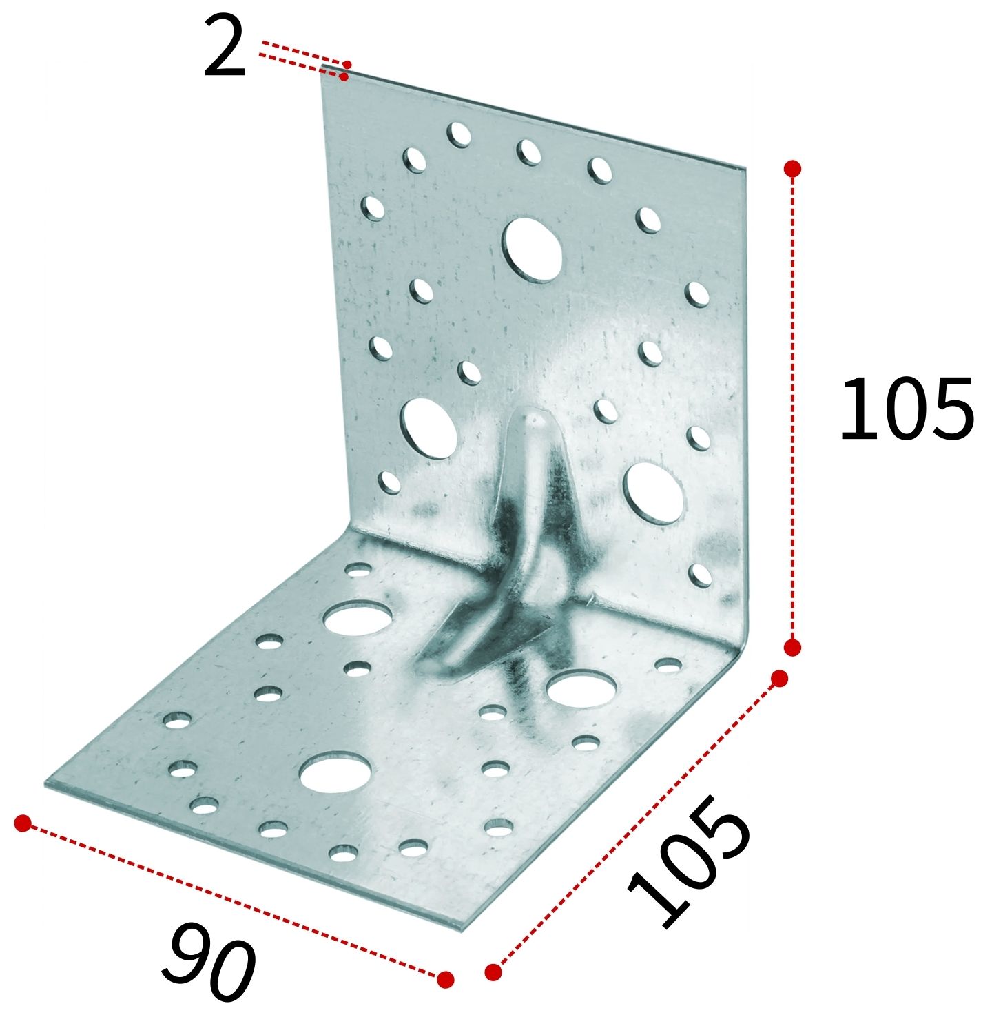 Уголок крепежный усиленный 105х90х2 мм KUU, оцинкованная сталь - фото