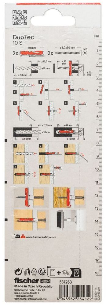 Универсальный дюбель DuoTec 10 S Fischer 537263 с потайным шурупом, 2 шт в блистере - фото