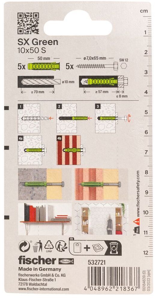 Дюбель SX Green 10х50 Fischer 532721 с кромкой и шурупом, зелёный нейлон, 5 шт в блистере  - фото