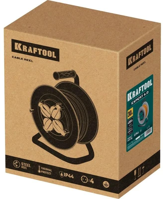 Удлинитель силовой на стальной катушке ПВС, 3х2,5 мм², 30 м, 4000Вт, IP44 Expert Kraftool 55089-30 - фото