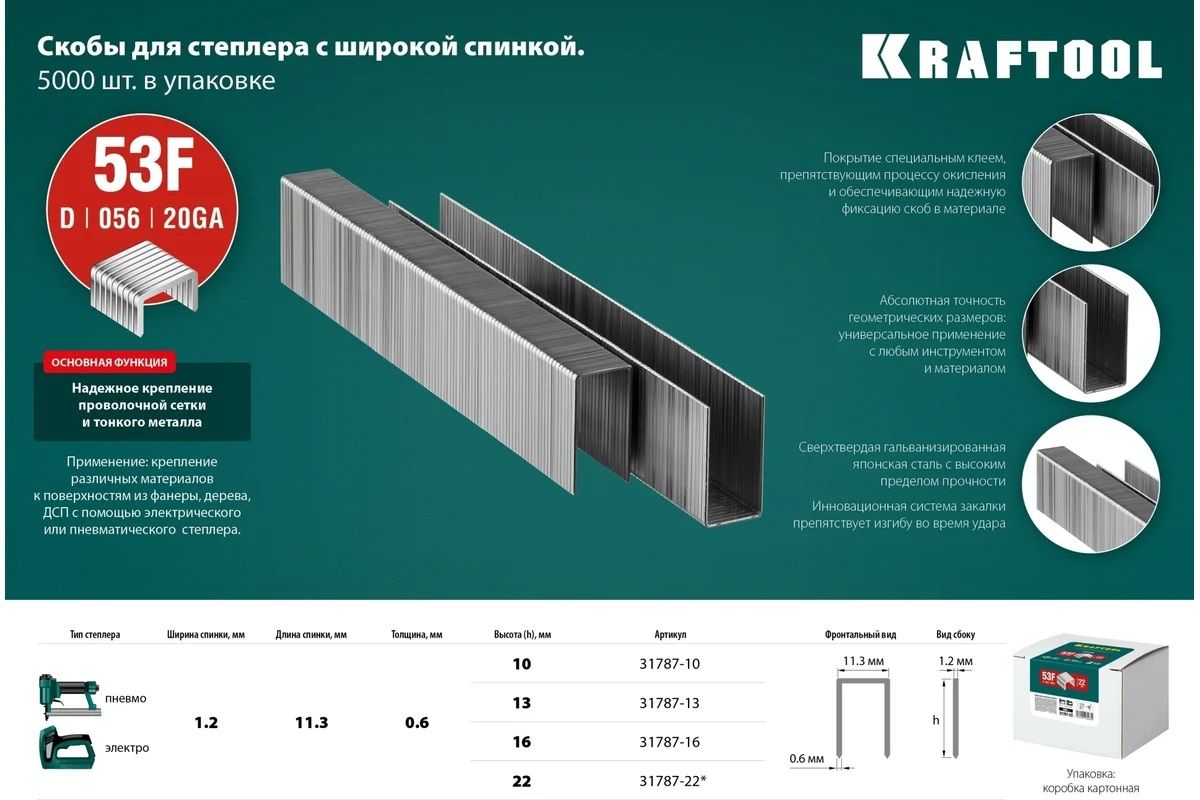 Скобы для степлера плоские широкие особо твёрдые тип 20GA (53F / D / 056) Kraftool, оцинкованная сталь. 5000 шт - фото