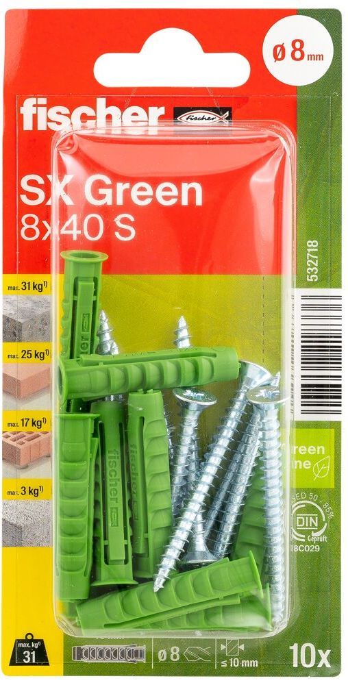 Дюбель SX Green 8x40 S Fischer 532718 с кромкой и потайным шурупом, зелёный нейлон, 10 шт в блистере - фото