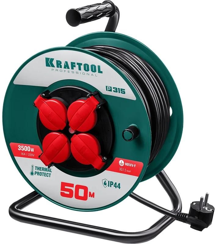 Изображение товара Удлинитель силовой на катушке Kraftool 50 м 3500 Вт IP44