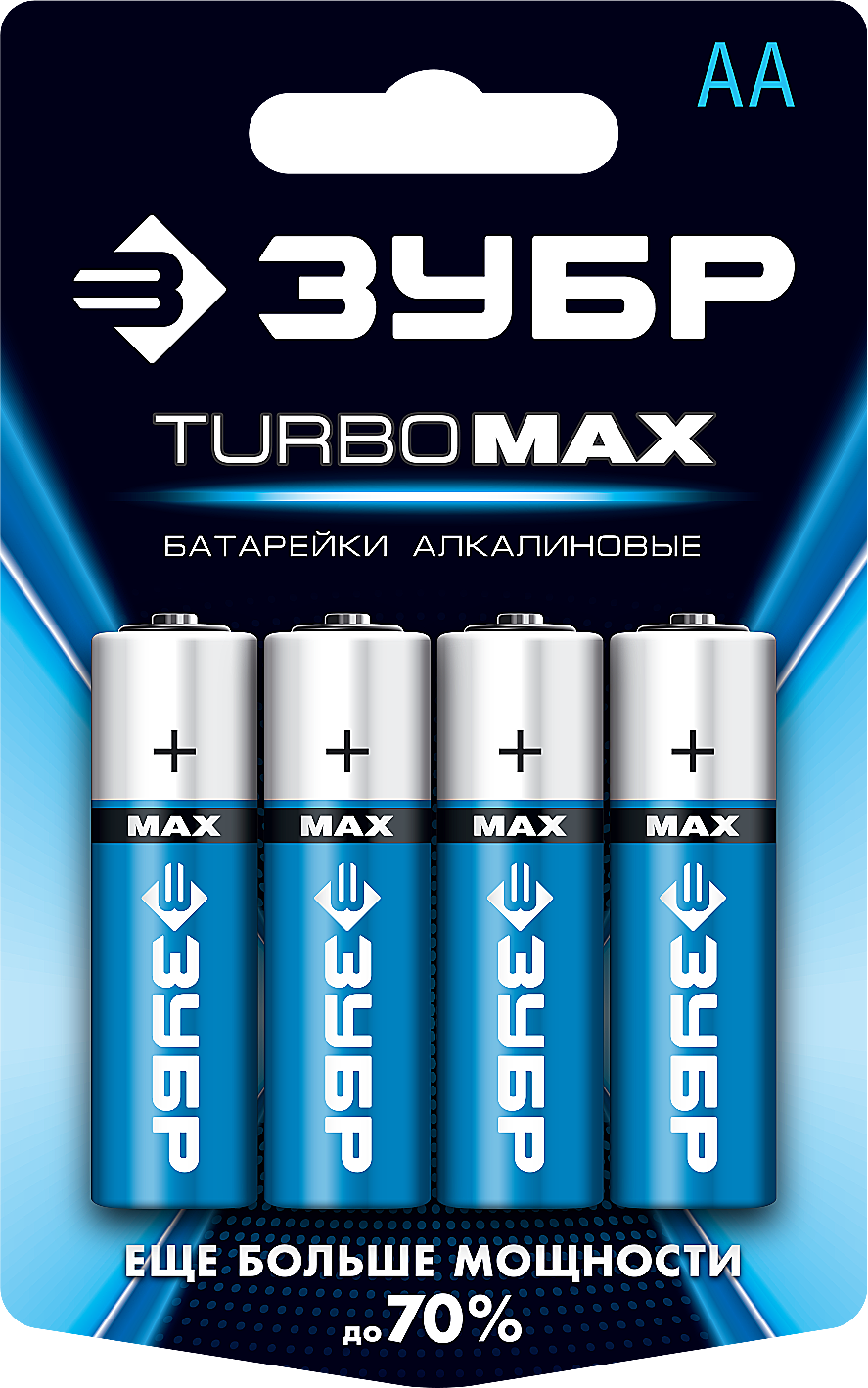 Батарейка пальчиковая щелочная тип AA 1,5 В ЗУБР Turbo-MAX 59206-4C_z01, 4 шт - фото