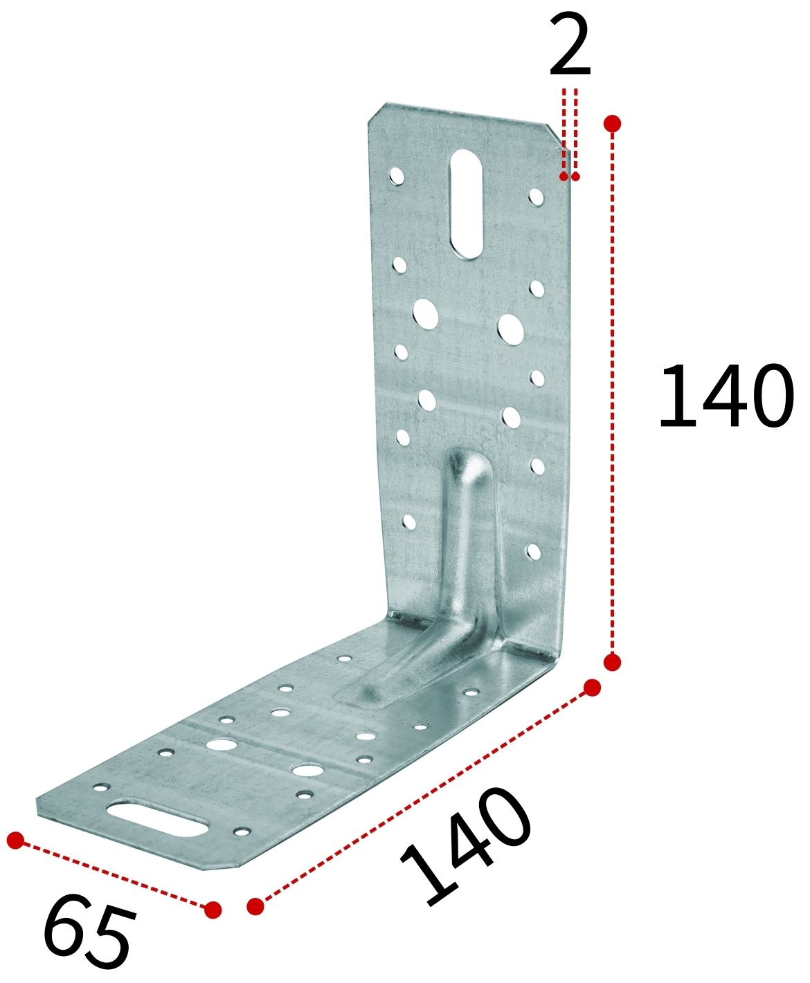 Уголок крепежный усиленный 140х140х65х2,0 мм KUU, оцинкованная сталь - фото